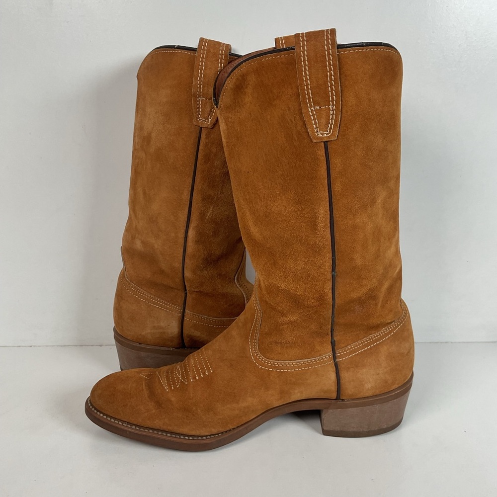 Vintage Wolverine Full Suede Cowgirl Boots 8 M Harvest Wheat Vibram - Picture 12 of 16